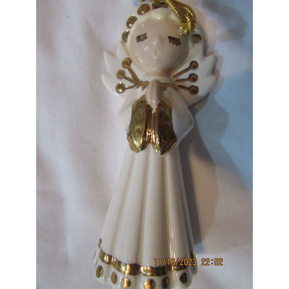 Vintage Angel Ornament White and Gold ceramic praying blonde